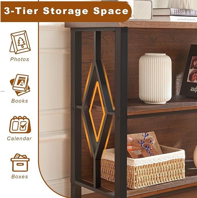 HOMISSUE Bookshelf, 3-Tier Rustic Short Bookshelf, Industrial Shelf Bookcase with Engineered Wood Shelves, Low Bookcase with Storage, Small Shelf for Living Room, Bedroom and Office, Rustic Brown