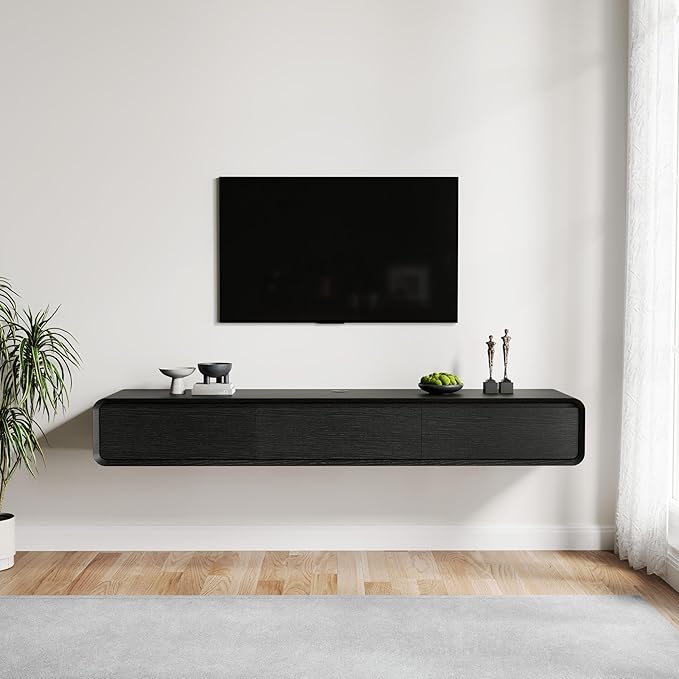 POVISON Fully-Assembled Minimalist Floating TV Stand, Modern Wall-Mounted Entertainment Center with 3 Flip-Down Cabinet Doors, Solid Wood Media Console, 70.87"