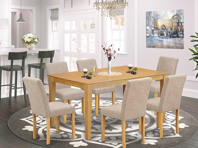 East West Furniture CAAB7-OAK-04 7 Piece Modern Dining Table Set Consist of a Rectangle Wooden Table and 6 Light Tan Linen Fabric Upholstered Chairs, 36x60 Inch, Oak