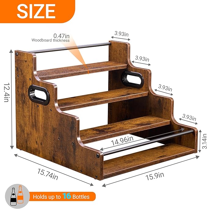 4-Tier Liquor Bottle Display Shelf, Holds up to 16 Bottles, Extra Large Rustic Bar Shelves for The Home Bar, Countertop Whiskey Organizer with Handles