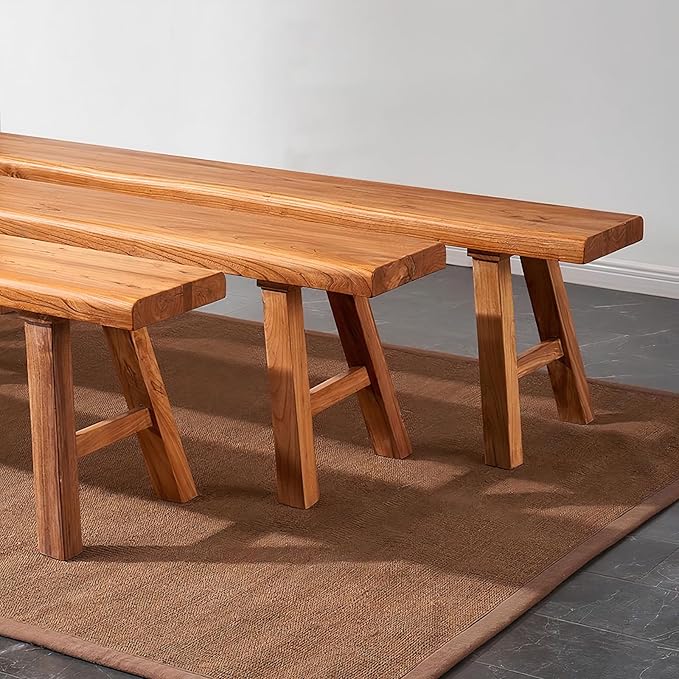 Farmhouse Wood Bench Indoor - 63Inch entryway Bench, Natural Solid Wood, Durable and Sturdy, Suitable for Dining Room, Bedroom, Porch and Other Narrow Spaces