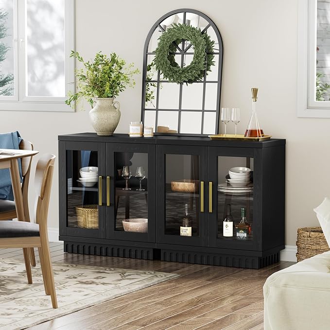 Buffet Cabinet with Storage, Sideboard Cabinet with Glass Doors, Accent Storage Cupboard Console Table for Kitchen, Hallway, Living Room, Dining Room, Smoked Black Oak