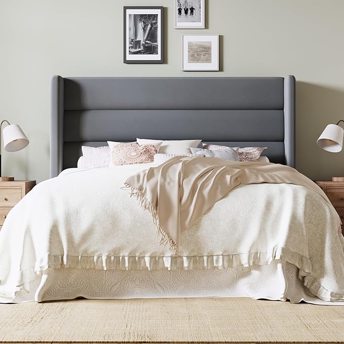 Allewie Full Size Platform Bed Frame with Velvet Upholstered Wingback Headboard, No Box Spring Needed, Under Bed Storage Space, Strong Wooden Slats, Modern Mattress Foundation, Easy Assembly, Grey