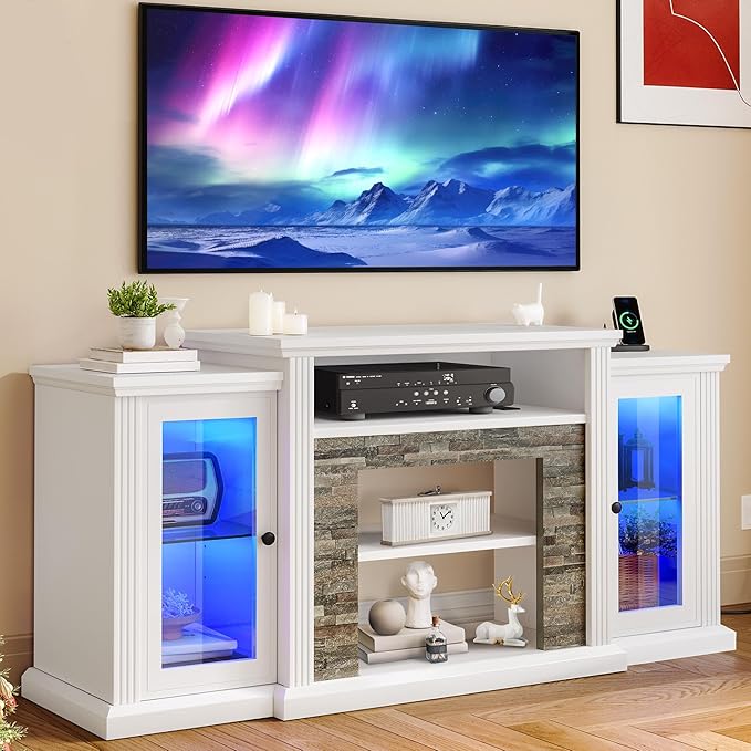 YITAHOME Modern TV Stand for 65 Inch TV, LED Entertainment Center with Power Outlets, Media Console TV Cabinet with Adjustable Shelves & Glass Door for Living Room, White, 59'' TV Stand