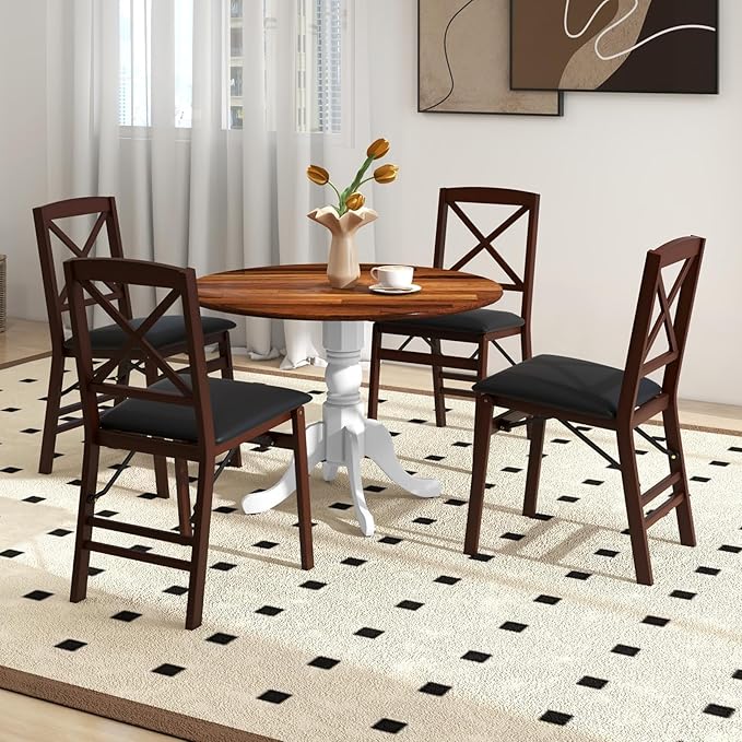 COSTWAY Round Dining Table for 4, 39 inch Kitchen Table with Solid Rubber Wood Frame, Adjustable Foot Pads, Curved Trestle Legs, Mid Century Rustic Dinning Table for Living Room (Walnut+White)