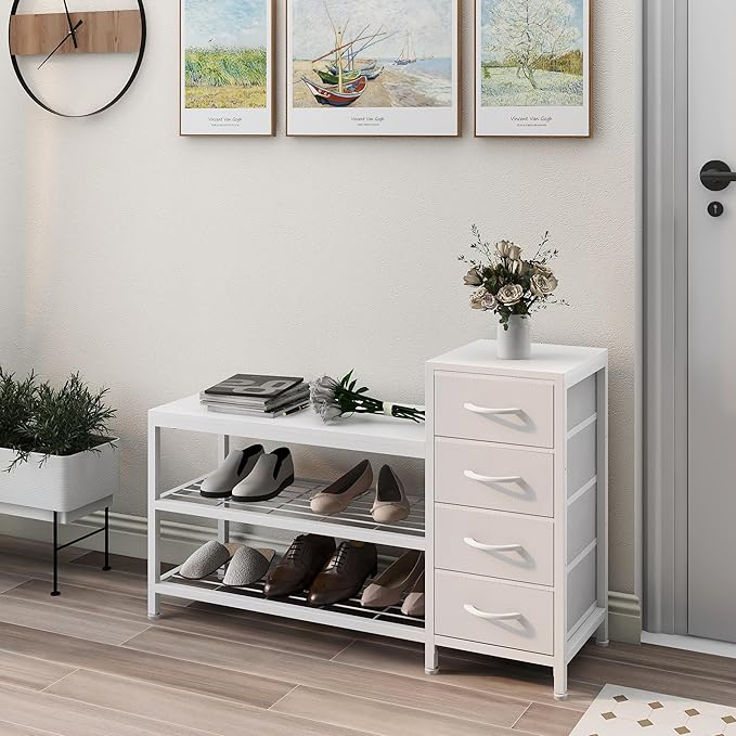 EXOTICA 3-Tier Shoe Storage Bench White Entryway Shoe Rack with 4 Drawers and Seating Shoe Shelf Storage Cabinet for Hallway Front Door Doorway Living Room Mudroom Steel Frame