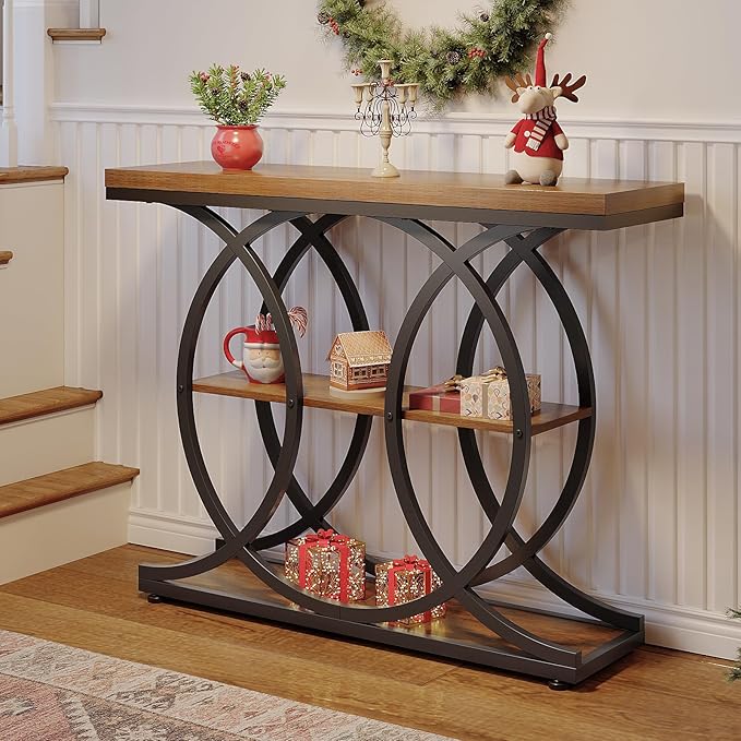 GiftGo Narrow Console Table for Entryway Industrial 3-Tier Sofa Table Behind Couch with Circle Base Wooden Accent Wall Tables with Storage Shelves for Living Room, Hallway, Foyer (Rustic Brown)