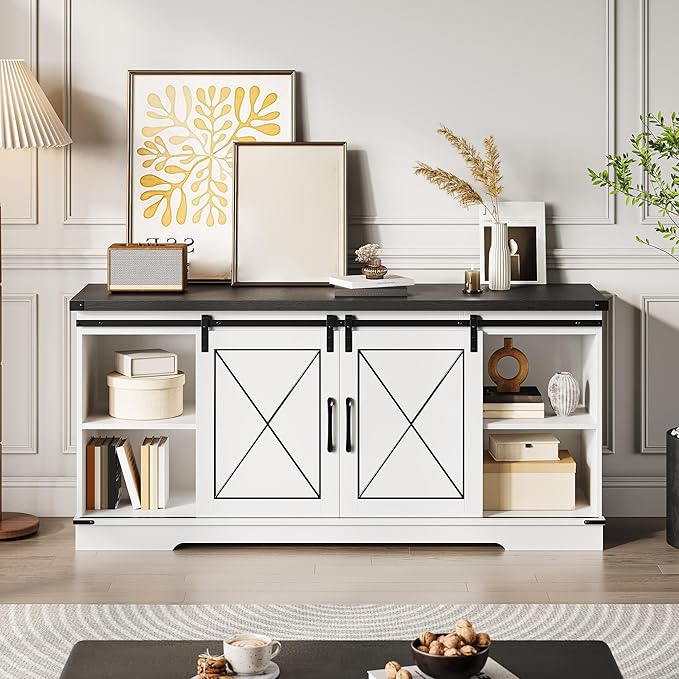 GAOMON Farmhouse 59" TV Stand Up to 65 Inches, Mid Century Modern TV Entertainment Center with Storage Cabinets & Open Shelves, Wood TV Cabinet for Living Room, White