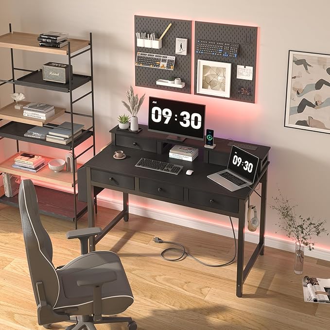 Lufeiya Computer Desk with Drawers for Home Office Bedroom, 40 inch Black Writing Study Teacher Desks with Fabric Drawers Storage, Gaming Desk Table with Power Outlet & Monitor Stand, Black