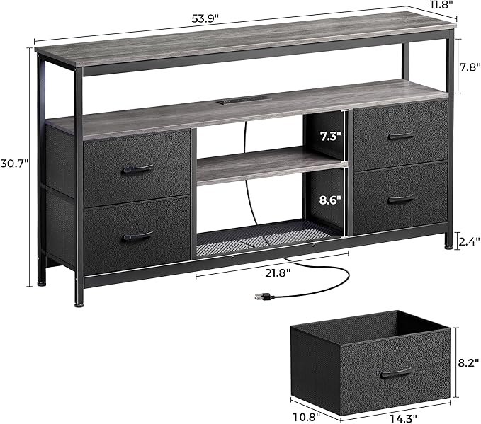Huuger TV Stand Dresser with Power Outlets and LED Lights, 4 Drawers Entertainment Center with Shelves, 54in Media Console for 55 60 Inch TV, Dresser with PU Finish, Grey and Black