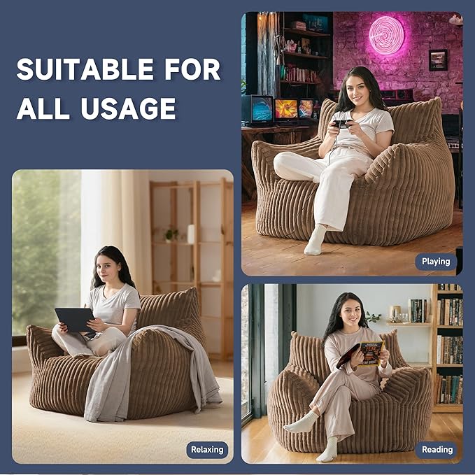 Oversized Bean Bag Chair for Adults, Giant Comfy Plush Boneless Bean Bag Couch with Filler for Kids - Reading Chair for Living Room, Bedroom & Dorm, Single Accent Chair Floor Lounger, Khaki