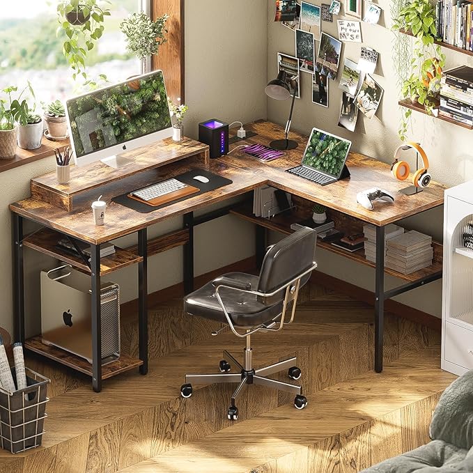 Unikito L Shaped Computer Desk with Magic Power Outlets and Smart LED Light, Sturdy Reversible Corner Desk with Monitor Stand & Storage Shelves, Home Office Work Desk, Easy to Assemble, Rustic
