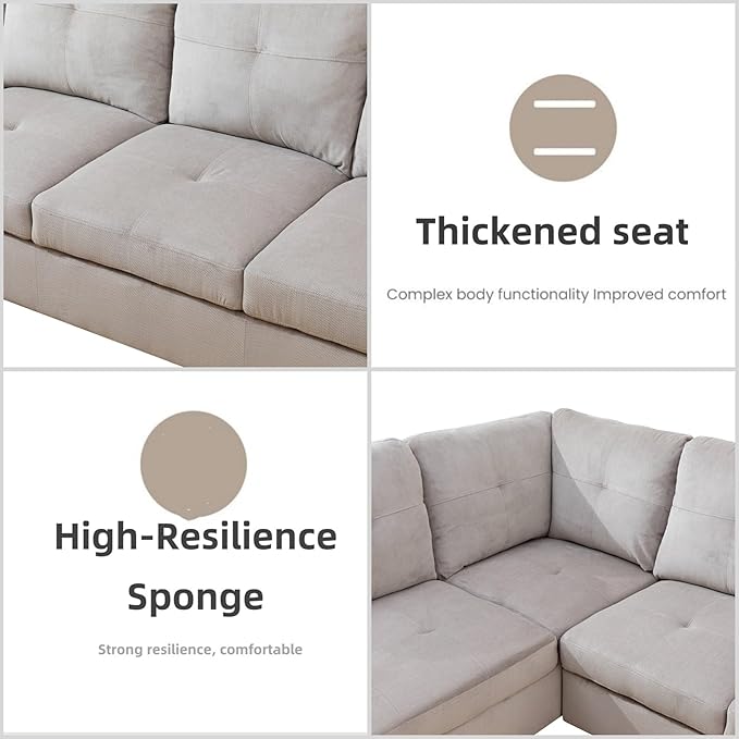 L Shaped Sectional Couches for Living Room, Modern Modular Sectional Sofa with Ottoman Storage, Comfy L Shaped Couch with Chaise for Bedroom Apartment Furniture, Gray