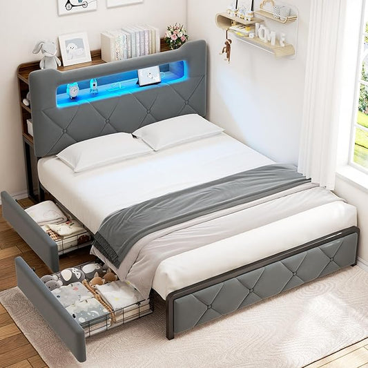 Full Upholstered LED Bed Frame with 2 Storage Drawers and 2-Tier Storage Headboard, Velvet Platform Bed with Charging Station & Bookcase, Heavy Duty Metal Support, No Box Spring Needed, Grey