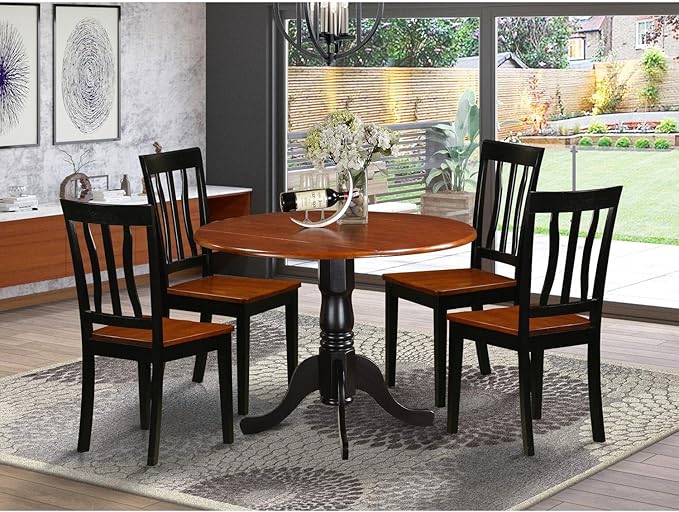 East West Furniture DLAN5-BCH-W 5 Piece Dinette Set for 4 Includes a Round Dining Table with Dropleaf and 4 Dining Room Chairs, 42x42 Inch, Black & Cherry