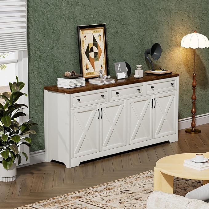 66'' Farmhouse Sideboard Buffet Cabinet with Storage, Large Kitchen Storage Cabinet with Barn Doors Drawers, Brown Coffee Bar Table for Dining Room Kitchen