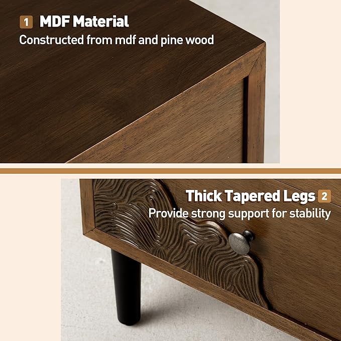 COSIEST Nightstand Set of 2, Mid Century Modern End Table with 2 Storage Drawers, Accent Side Table, Vintage Wood Luxury Night Stand for Bedroom, Living Room, Walnut