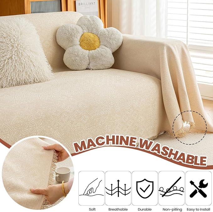 STACYPIK Thick Beige Jacquard Floral Couch Cover for Dogs, Washable Boho Couch Covers, Non Slip Couch Sofa Cover, Couch Cover 2 Cushion Sofa with Tassels, Furniture Protector for Living Room-71X118IN
