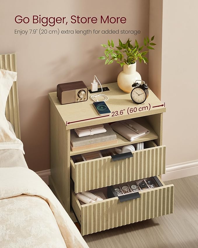 VASAGLE MAXE Collection - Set of 2 Nightstands with Charging Station, Bedside Table, Side End Table with 2 Drawers, Open Shelf, 2 AC Outlets, 2 USB Ports, Transitional, Bedroom, Oak Beige ULET926Y01