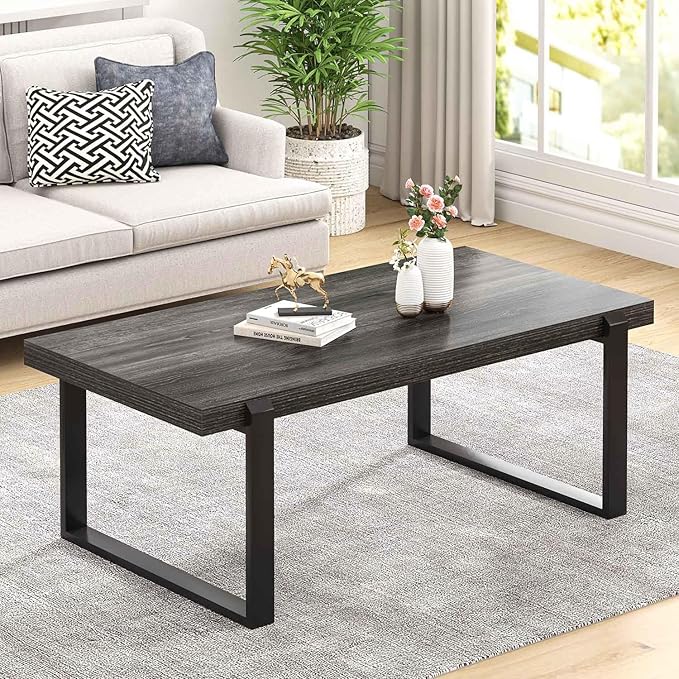FOLUBAN Industrial Coffee Table, Rustic Wood and Metal Center Table, Modern Rectangle Cocktail Tea Table for Living Room, Dark Gray, 47 Inch