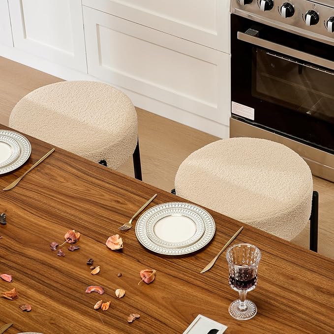 Dining Room Chairs Set of 8, 23.6" Sherpa Backless Beige Boucle Dining Chair, Mid Century Modern Living Room Round Upholstered Chairs with Black Metal Legs