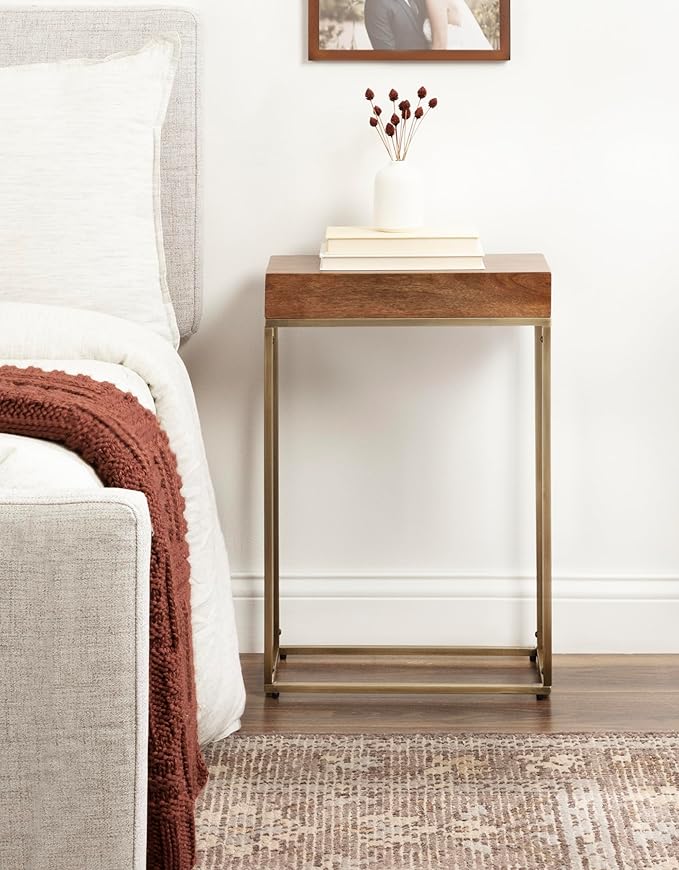 Kate and Laurel Karlsen Mid-Century Wood and Metal Narrow Side Table; 16 x 24 x 8; Walnut Brown and Brass; Slim Bedroom Nightstand with Mixed Materials Design