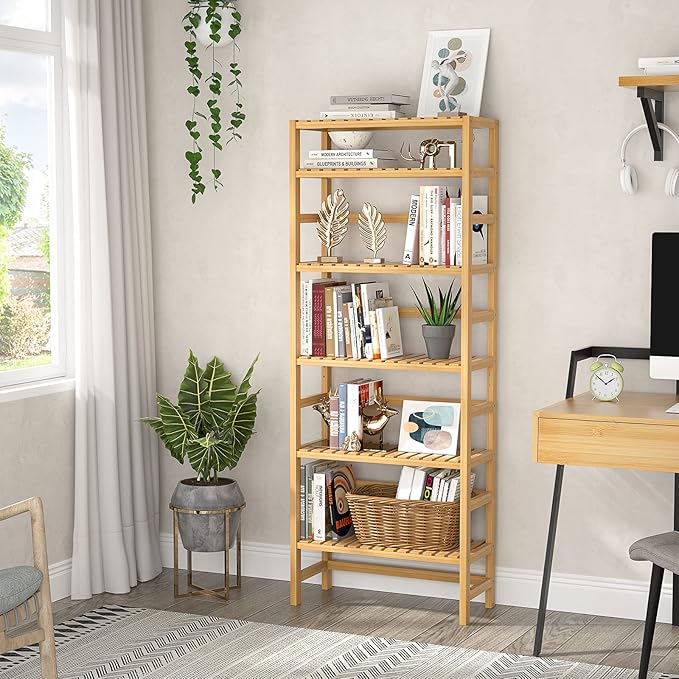 Homykic 6-Tier Bamboo Bookshelves and Bookcases, Adjustable 63.4”Tall Shallow Book Shelf Organizer Rack, Freestanding Storage Shelving Unit for Living Room, Kitchen, Bathroom, Office, Natural