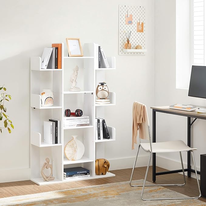 VASAGLE Bookshelf, Tree-Shaped Bookcase with 13 Storage Shelves, Rounded Corners, 9.8”D x 33.9”W x 55.1”H, White ULBC067W01