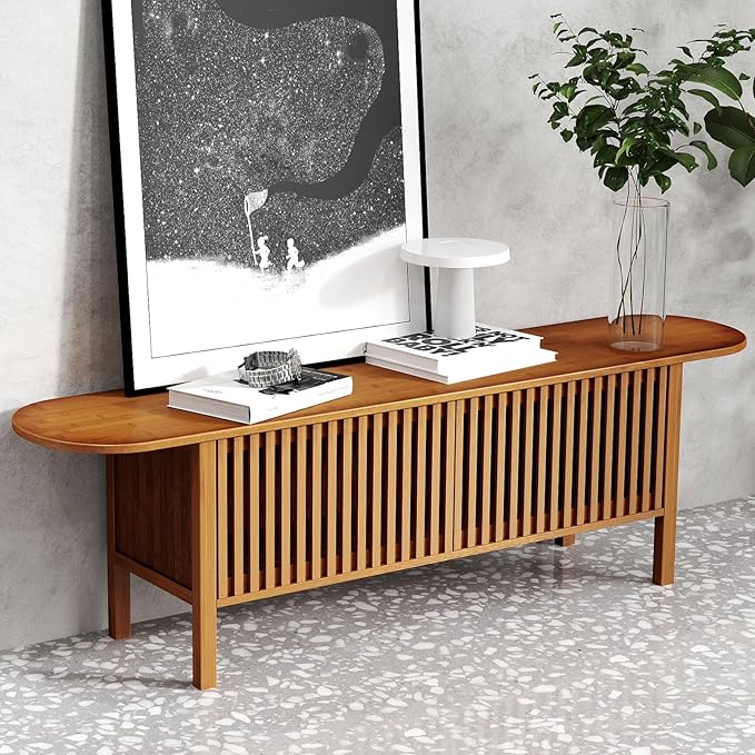 HollyHOME Bamboo TV Stand with Storage for TVs up to 65", Modern Entertainment Center with Fence Door, Accent TV Table with 2 Shelf, Media Console TV Stand for Living Room, Bedroom, Walnut