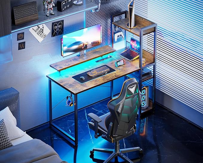 ODK Reversible Gaming Desk with USB Charging Port and LED Lights, 40 Inch Computer Desk with Storage Shelves & Monitor Stand, Writing Study Table for Home Office, Small Space Bedroom, Rustic Brown