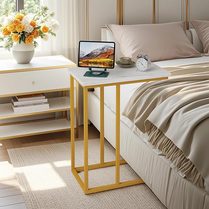 VECELO C Shaped End Side Table for Sofa Couch and Bed Snack TV Tray for Living Room Bedroom, 1 Set, Gold