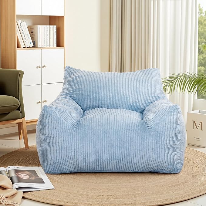 INMOZATA Bean Bag Chair for Adults, 3FT Beanbag Chairs with Ottoman Pre-Filled Fluffy Lazy Chair Corded Fabric Accent Chair for Bedroom Living Room Dorm (Light Blue)