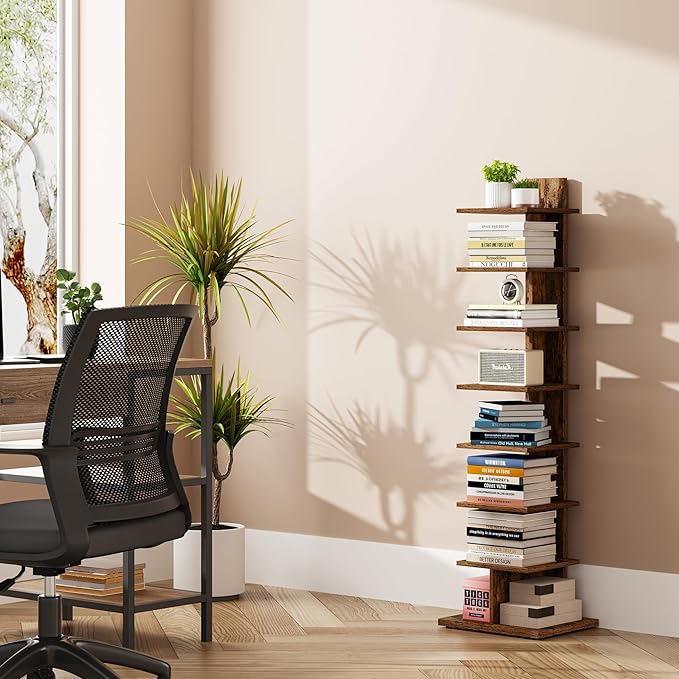 TUTOTAK Narrow Bookshelf, 8-Tier Bookcase, Spine Book Shelf for Small Space, Corner Standing Shelf for Living Room, Office, Study, Entryway, Rustic Brown BS06BB008
