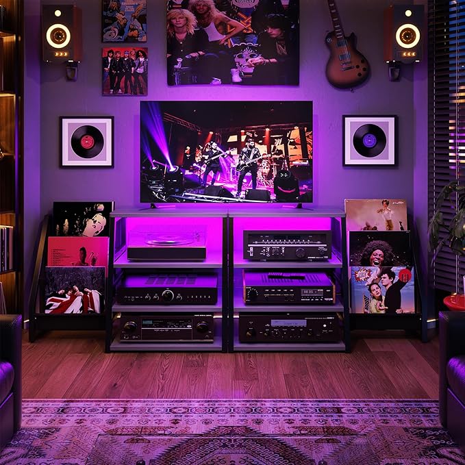 AV Media Stand with Outlets, Stereo Stands and Racks with Vinyl Storage, Stereo Stand with Record Storage, Audio Stereo Rack Cabinet, Turntable Console Stand with LED lights, 4 Tiers, Walnut Grey