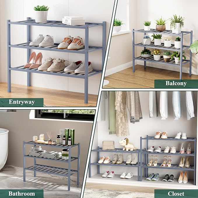 Smiry Shoe Rack, 3 Tier Bamboo Shoe Organizer, Stackable Free Standing Wooden Shoe Storage Shelf for Closet, Entryway, Front Door Entrance, Grey
