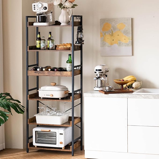 HCHQHS Adjustable 6 Tier Open Bookcase, Rustic Farmhouse Book Shelves, Industrial Wood and Black Metal Bookshelves, Mid Century Bookcase for Home Office Living Room Bedroom
