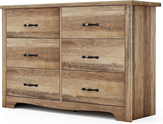 LINSY HOME 6 Drawers Dresser for Bedroom, 47" Wide Rustic Wood Dressers & Chests of Drawers, Modern Farmhouse Storage Dresser with Antique Handles for Closet, Living Room, Hallway, Rustic Brown