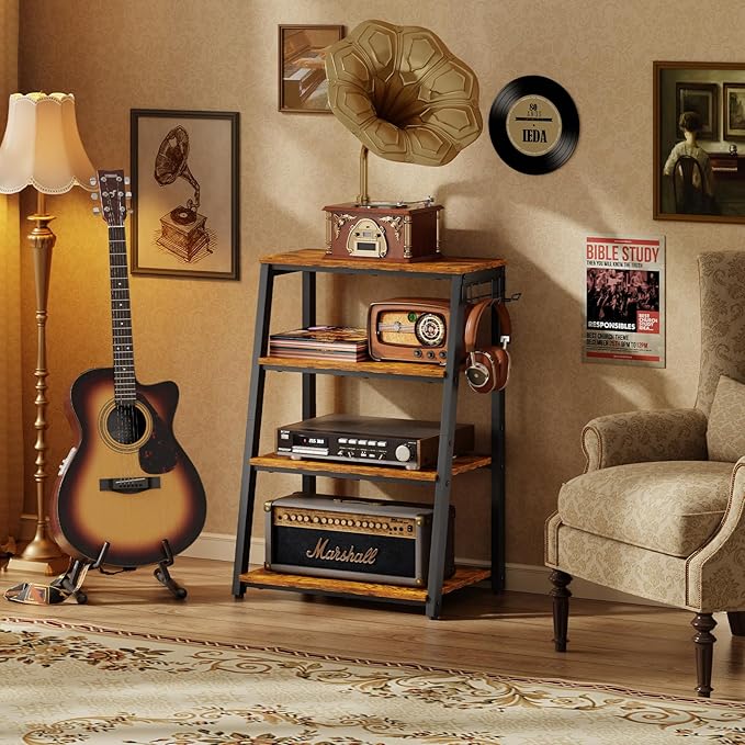 4-Tier AV Media Stand with 2 Hooks,Heavy Duty Stereo Cabinet Furniture-Large Stereo Rack and Game Console Stand,Wooden Record Player Stand,Audio Stand Perfect for DVD Players/Game Console/TV Box/Xbox