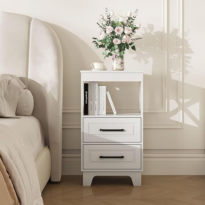 Tall Nightstand Set of 2 Side Table with 2 Drawers Modern Night Stand Wooden End Table Bedside Table with Upper Open Shelf Solid Feet for Bedroom, Living Room, White