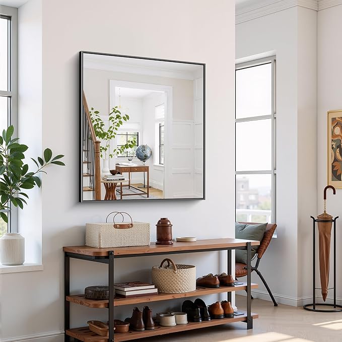 YIROMAN Bathroom Mirror 36"x40", Large Brushed Silver Bathroom Mirror for Over Sink with Aluminum Frame, Rectangular Vanity Mirror with Right Angle, Wall Mirror Hangs Horizontal or Vertical
