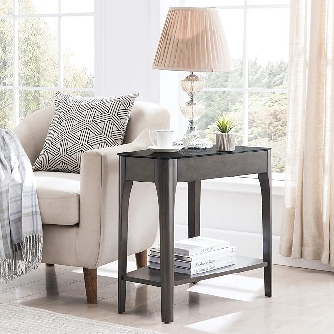 Leick Home Obsidian End Table, Solid Wood, Narrow Wedge Shape, Glass Tabletop, Bottom Display Shelf, Easy Assemlby, Smoke Gray/Black, 24.0 in. L x 17.0 in. W x 24.0 in. H, 11102-GR