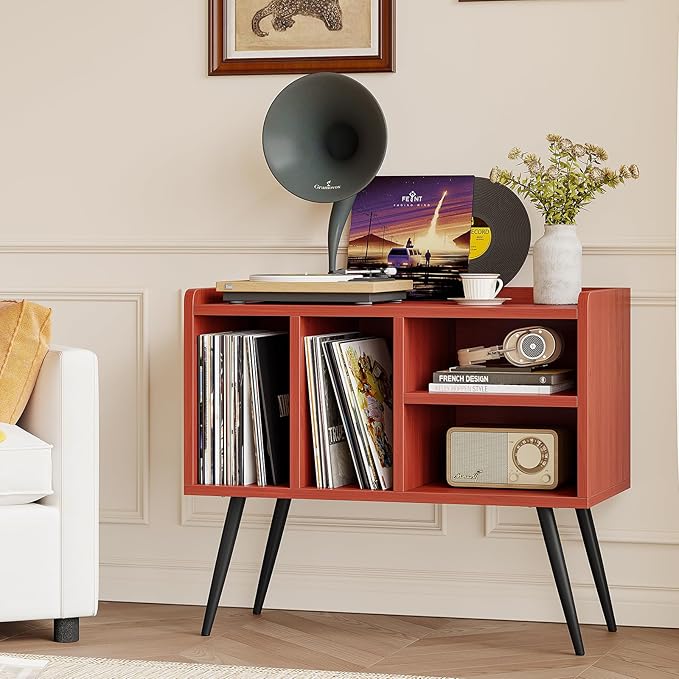 Record Player Stand with Vinyl Storage,Turntable Stand with Solid Wood Legs,Record Player Table Holds Up to 200 Albums,Vinyl Holder Storage Shelf for Bedroom Living Room,Walnut