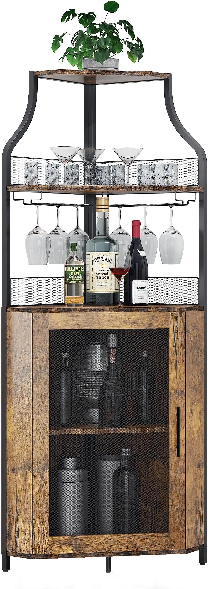 GAOMON Corner Wine Cabinet with Removable Wine Rack, Wine Bar Cabinet with Barn Door and Adjustable Shelves, Industrial Wine Cabinet for Dining Room, Living Room,Kitchen (Retro Brown)