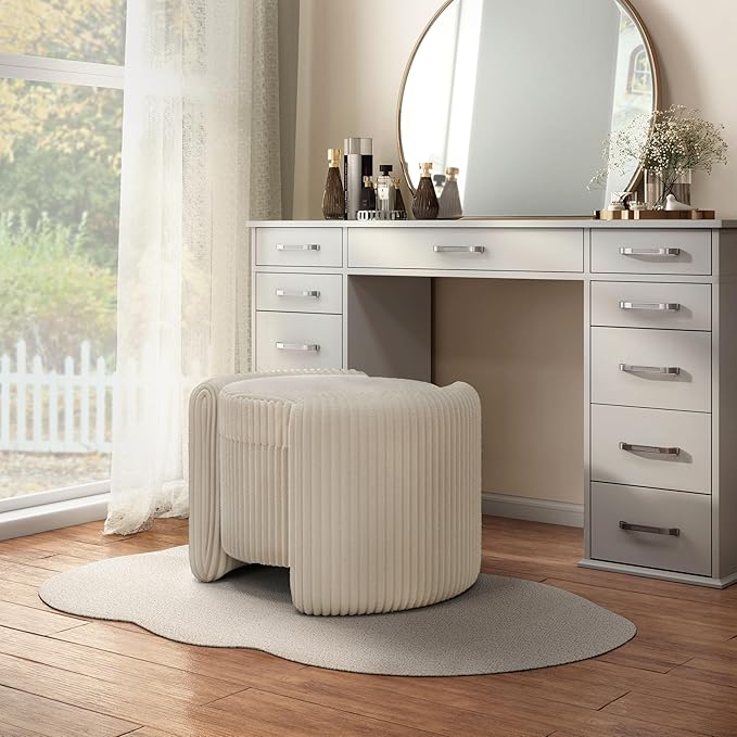 Furniture of America Lennox Modern Chenille 25-inch Round Storage Ottoman with Reversible Flip Top, Upholstered Footstool for Living Room, Bedroom, Entryway, Beige Pink