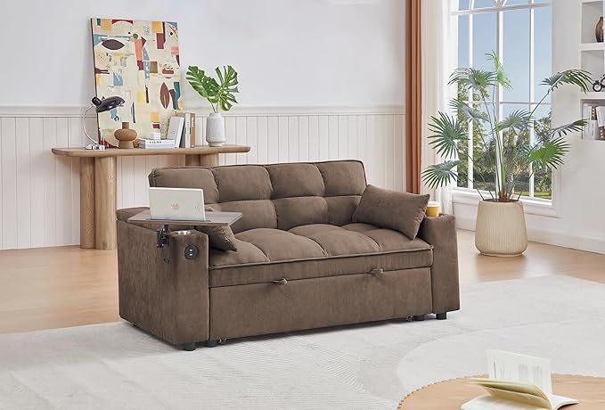 65-inch Multifunctional Loveseat Pull Out Sleeper Sofabed W/Cupholders, Oversized 3-in-1 Convertible Love Seat with Pull-Out Sleeper Couch Bed, Storage, USB Ports, Side Table for Living Room Bedroom