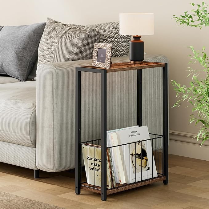 Narrow Side Tables Set of 2 with Magazine Holder, Skinny End Tables Perfect for Small Spaces, Space-Saving Design for Living Room, Bedroom, or Office, 7.1" D x 16.9" W x 23.6" H, Rustic Brown