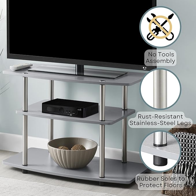 Convenience Concepts Designs2Go No Tools 3-Tier Stand Entertainment Center 37 Inches, Modern TV Console with Shelves for Living Room, 31.5", Gray