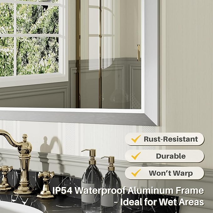 55x36 Inch Silver Bathroom Mirror for Wall, Thick Metal Framed Rectangle Mirrors for Over Sink, Bedroom, Living Room, Entryway, Anti-Rust, HD Tempered Glass