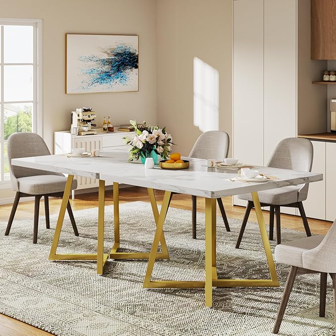 Tribesigns Square Dining Table for 2, 31.5" Modern Dinner Table with Metal Base, Kitchen Table for Dining Room, Small Space, Apartment, White & Gold