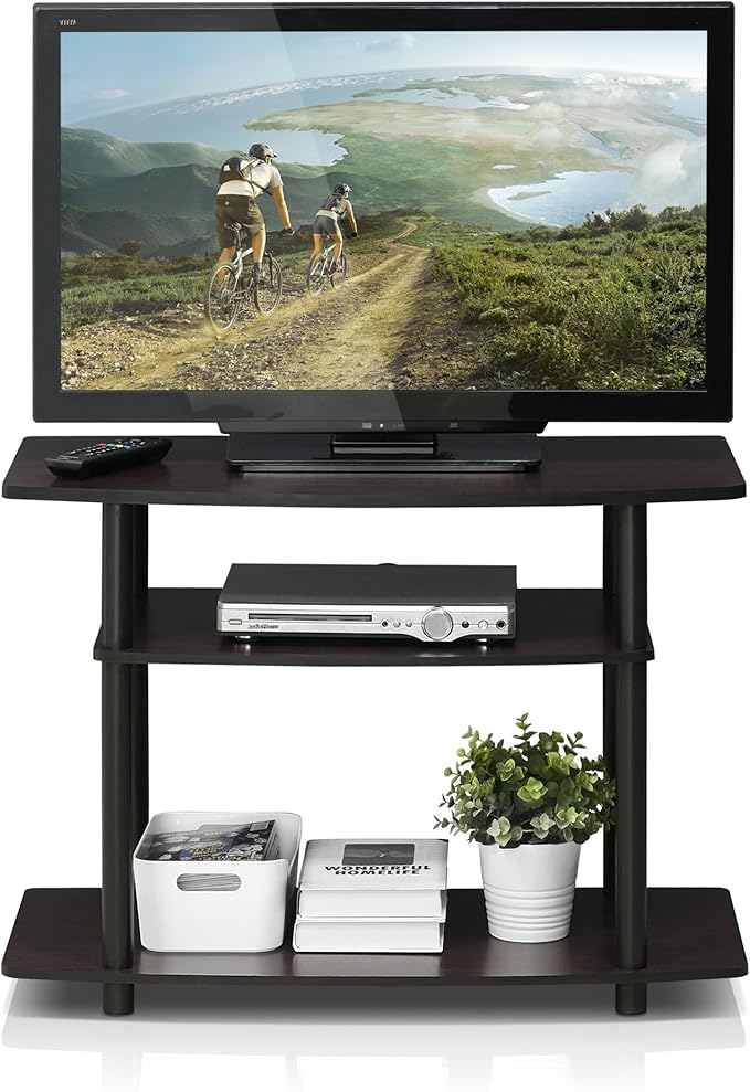 Furinno Turn-N-Tube No Tools 3-Tier Entertainment Center TV Stand for TV up to 32 Inch, Plastic Round Tubes, Dark Walnut